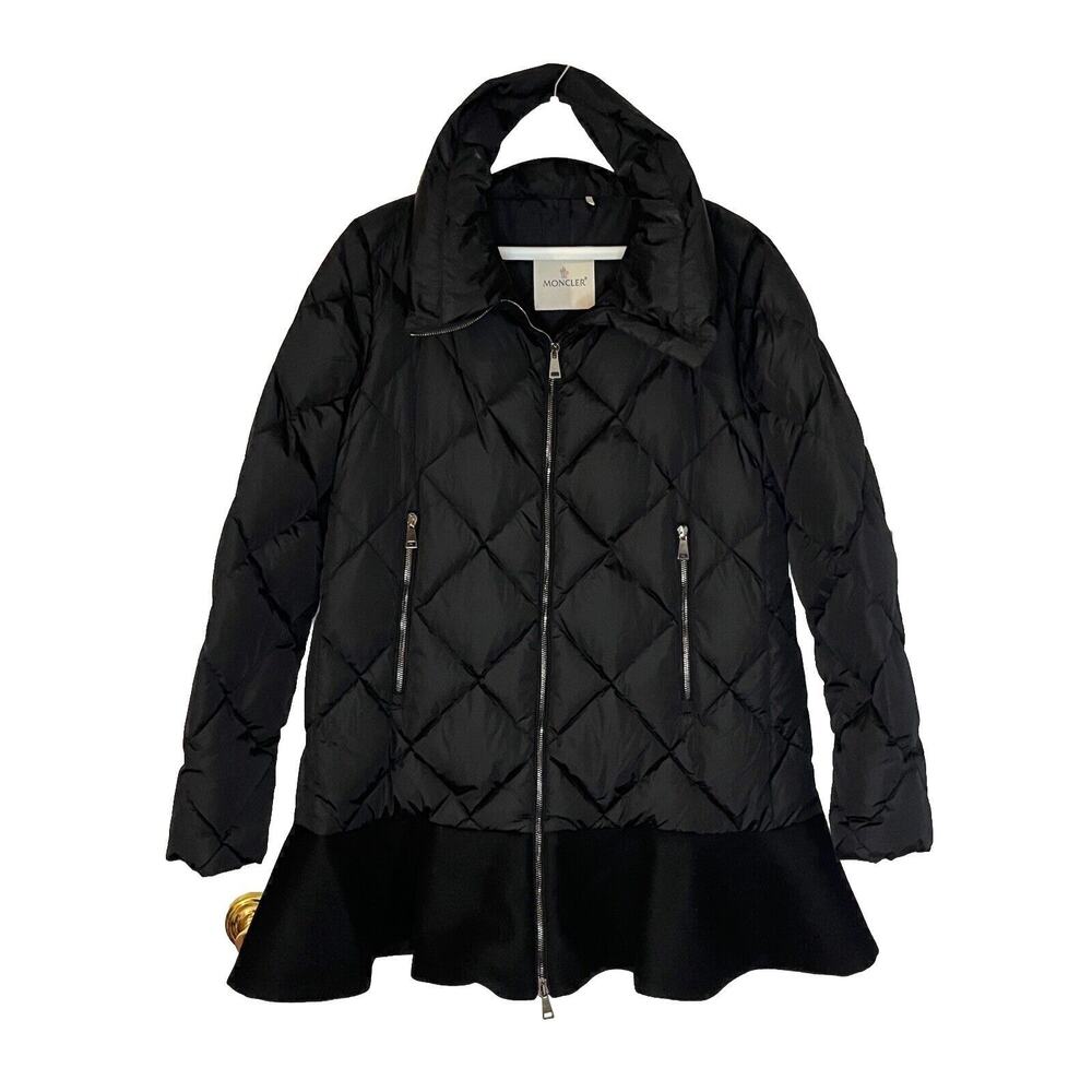 Moncler Vouglans Quilted Down Puffer Peplum Jacket Coat Black Sz 4 Large
